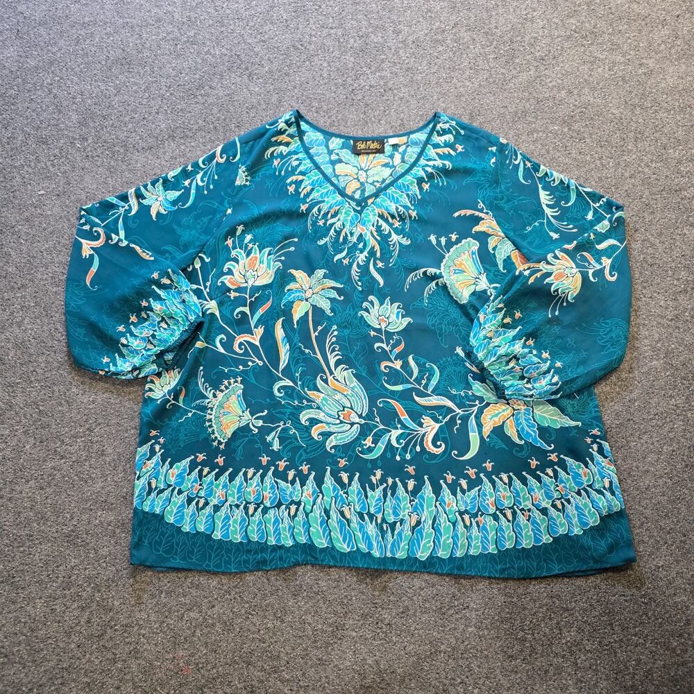 Bob Mackie Top Womens Size 3X Green Floral Long Sleeve Sheer V Neck Boho Casual
